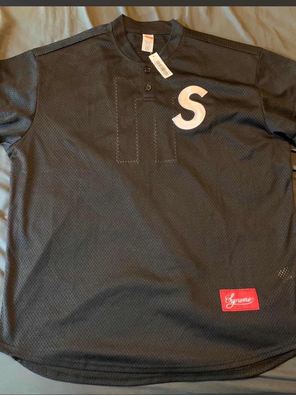 Supreme Black Mesh Baseball Henley Jersey with White 'S'